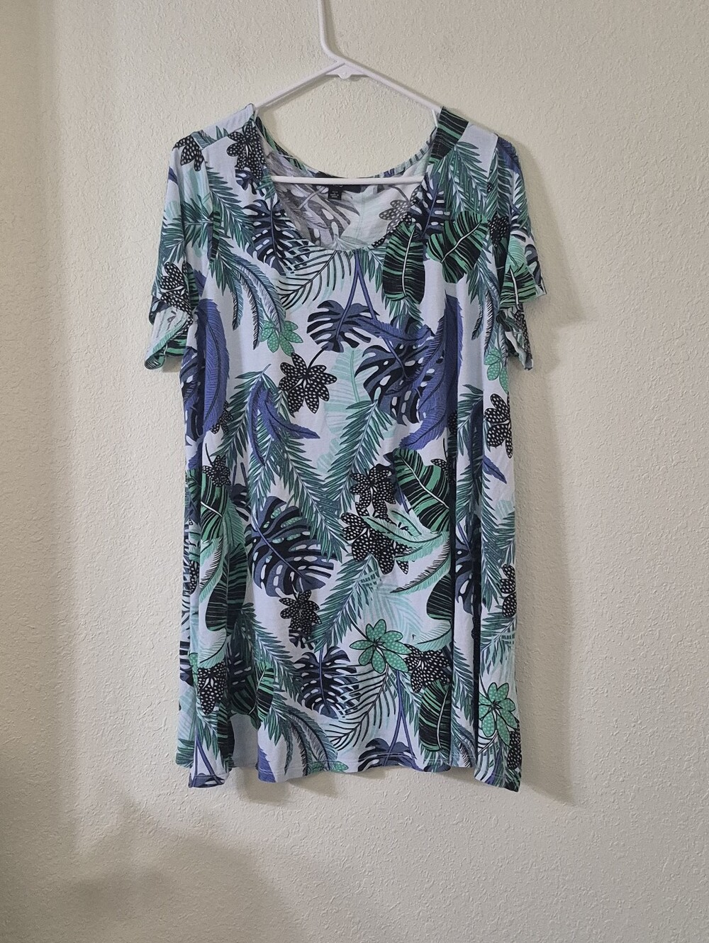 Tropical Leaf Print Women's Short Sleeve Top - Blue/Green